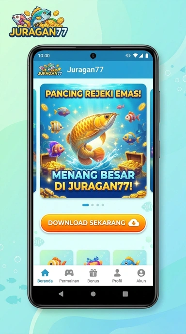 Antarmuka pengguna aplikasi juragan77 yang sederhana dan menarik.